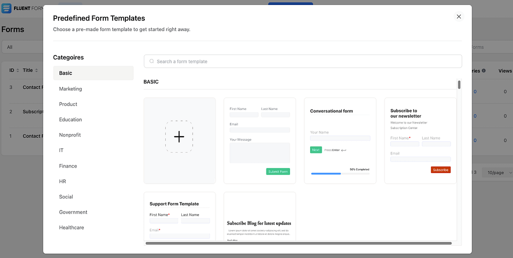 Select a predefined form template