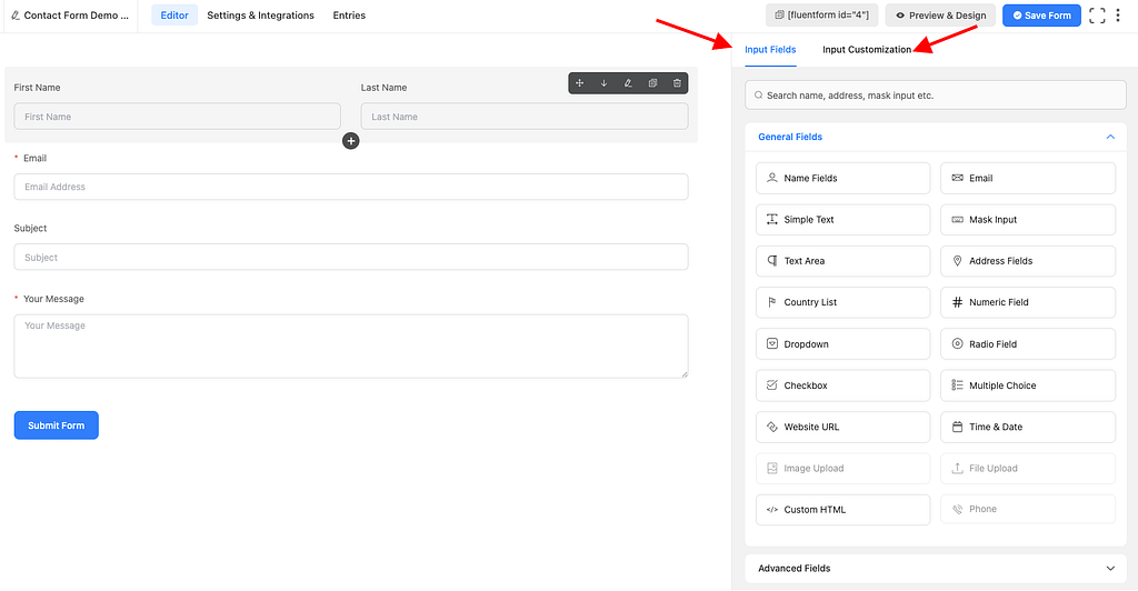 Input fields and customization options by Fluent Forms