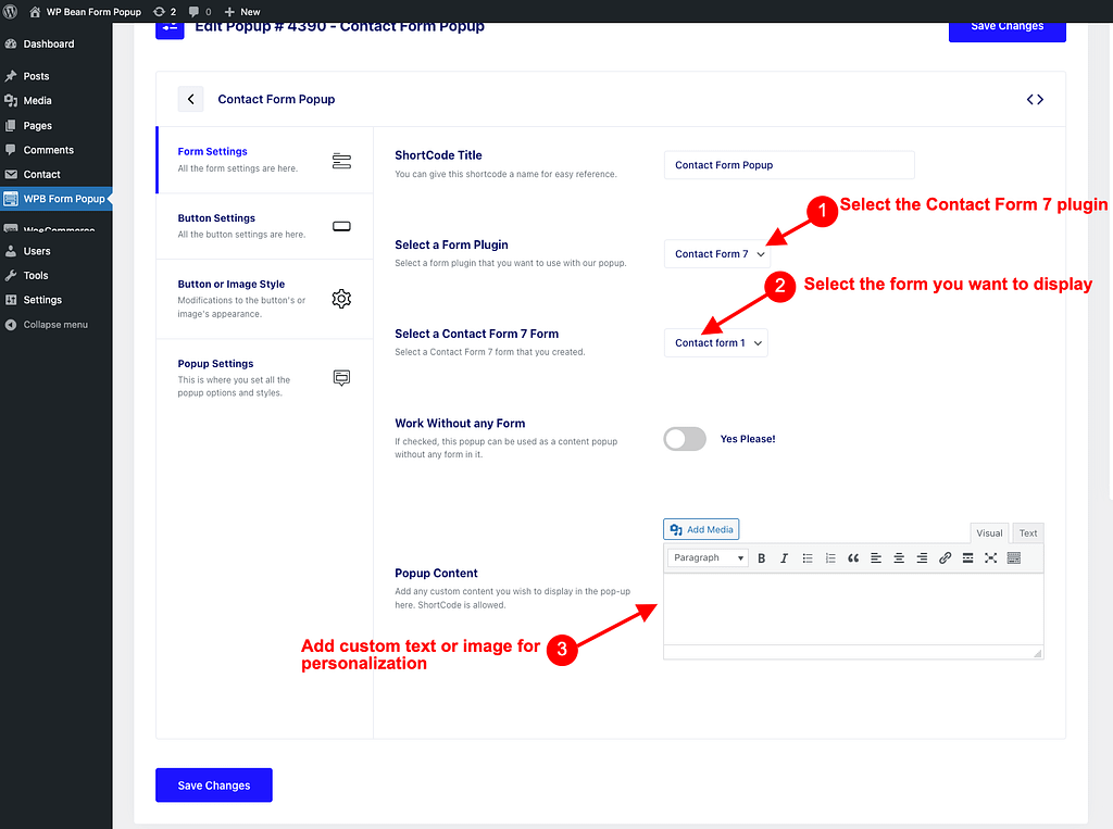 WPB Form Popup - Form Settings