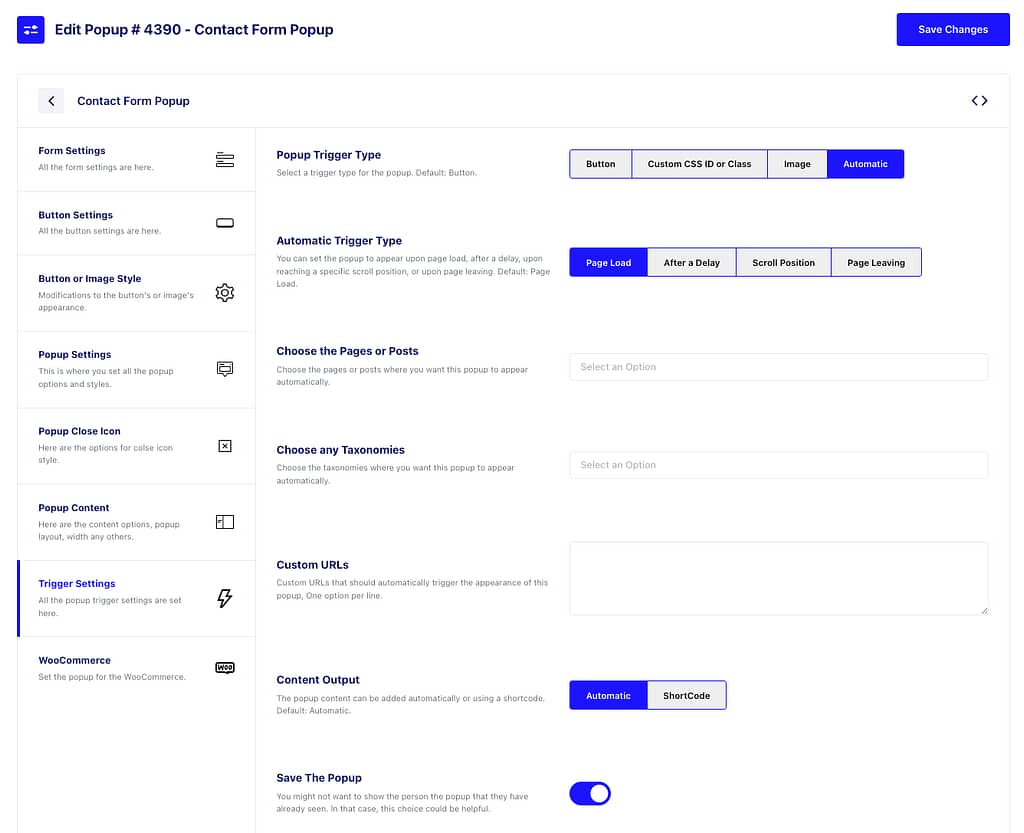 WPB Form Popup trigger settings